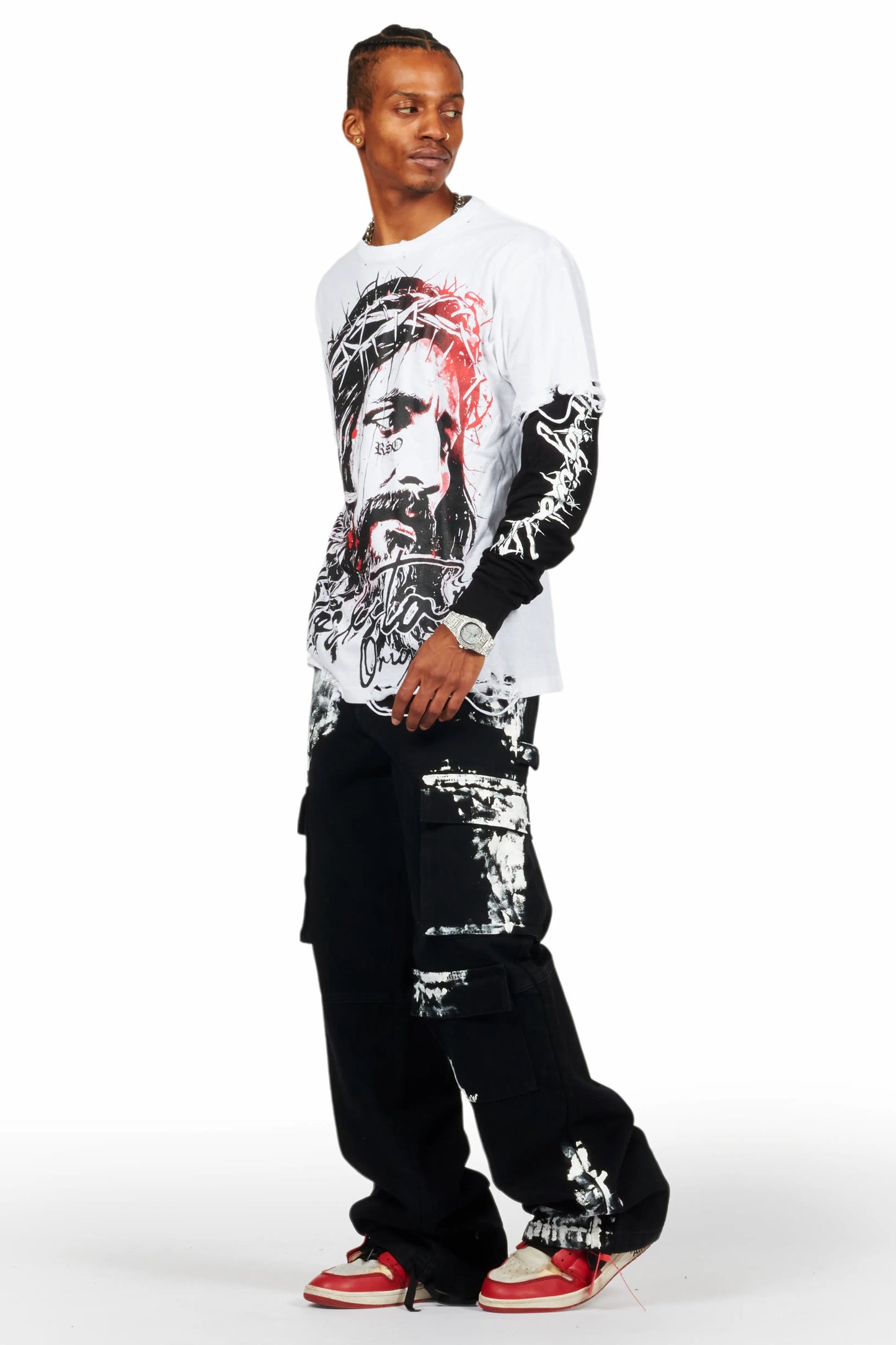 Bedros White Double Layer Long Sleeve Graphic T-Shirt