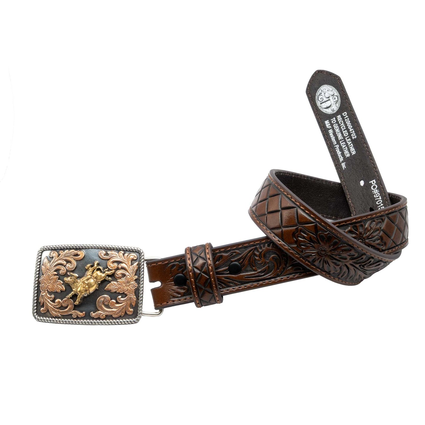 3D Boy's 1 1/4" Floral Tab Bull Rider Buckle Brown Belt