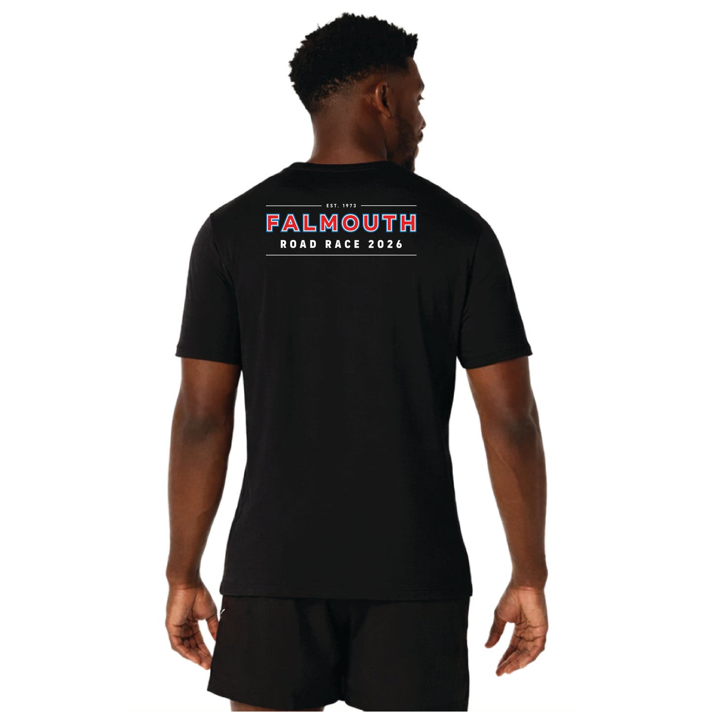 ASICS Falmouth Road Race 2026 - ASICS Men's PR Poly Cotton Short Sleeve Tee Black (2011D028) (FRR26-05 LC, FRR26-04 Back)
