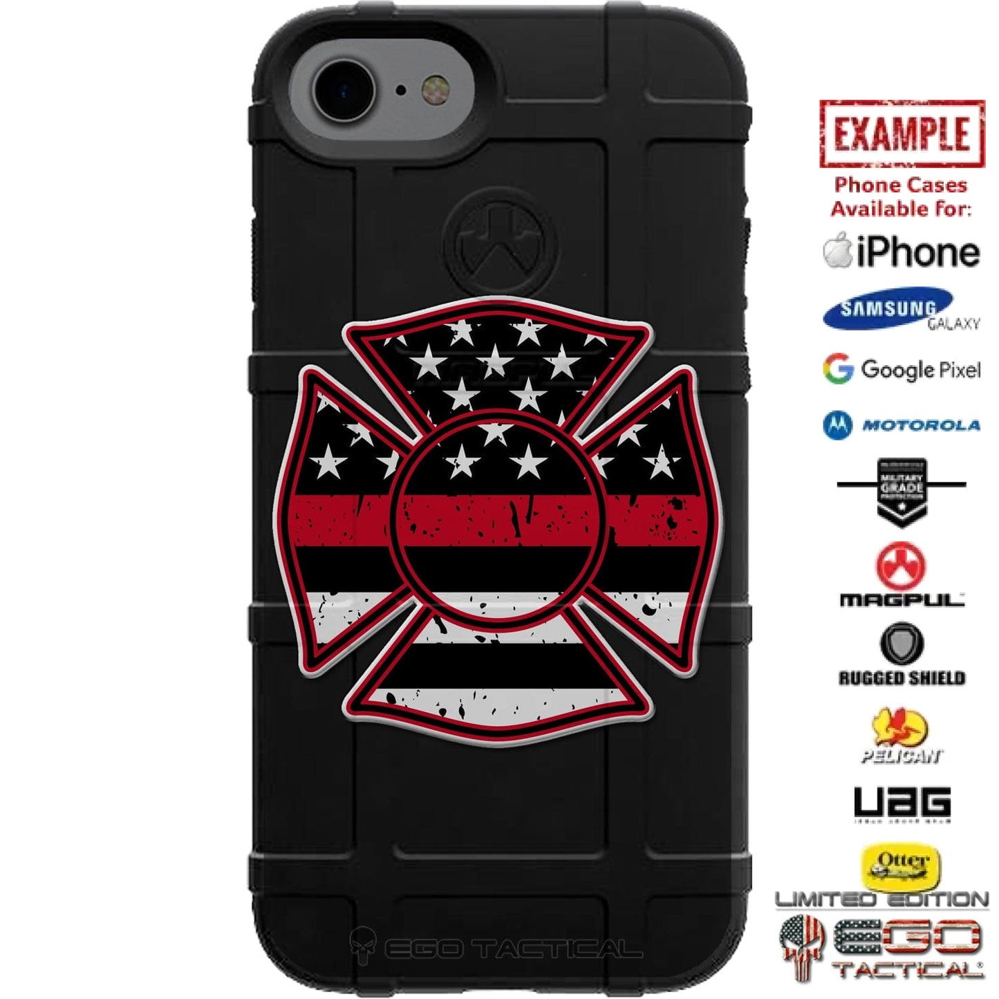 Firefighter Distressed Black American Flag Thin Red Line Fireman Maltese Cross Custom Printed Case Design for Apple, Samsung, Google & Motorola Phone Models