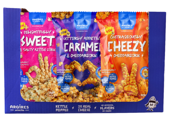 Argires Snacks SNACK LOUDLY TRIO: 5 BAGS EA (CHEEZY CHEDDARCORN/UTTERLY ADDICTIVE CARAMEL & CHEDDARCORN/DELIGHTFULLY SWEET & SALTY KETTLE CORN) - 4-6 OZ 15 Pack
