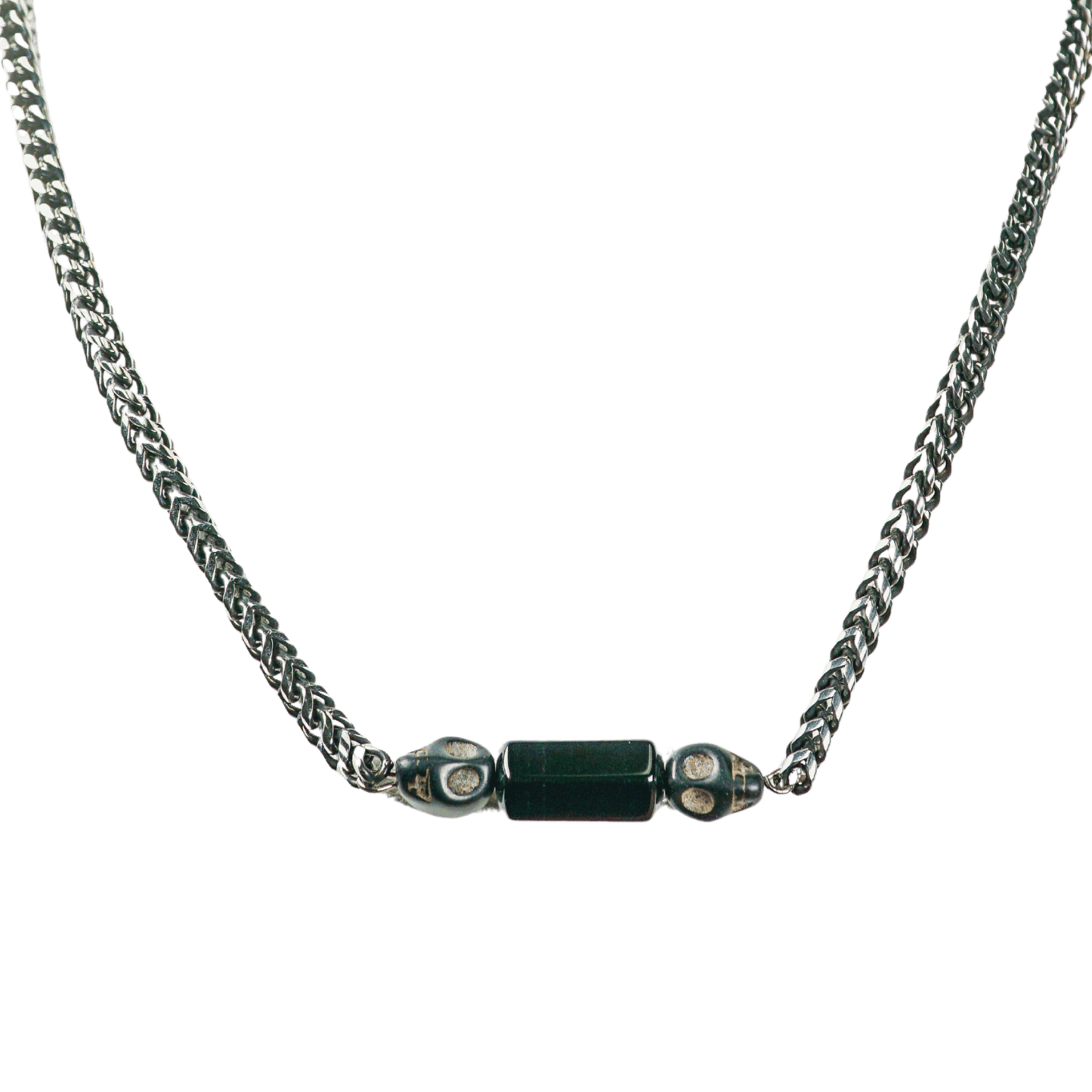 Onyx Barrel with Skulls and Gun Metal Chain Necklace