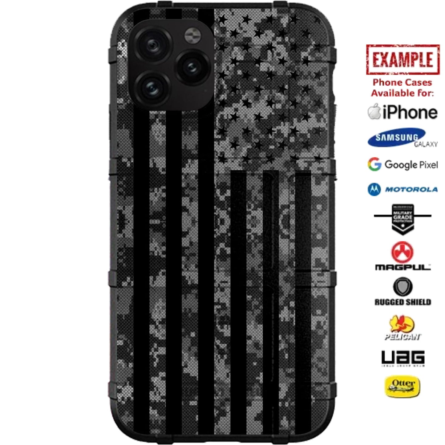 Black Digital Camouflage Subdued US American Flag Custom Printed Case Design for Apple, Samsung, Google & Motorola Phone Models