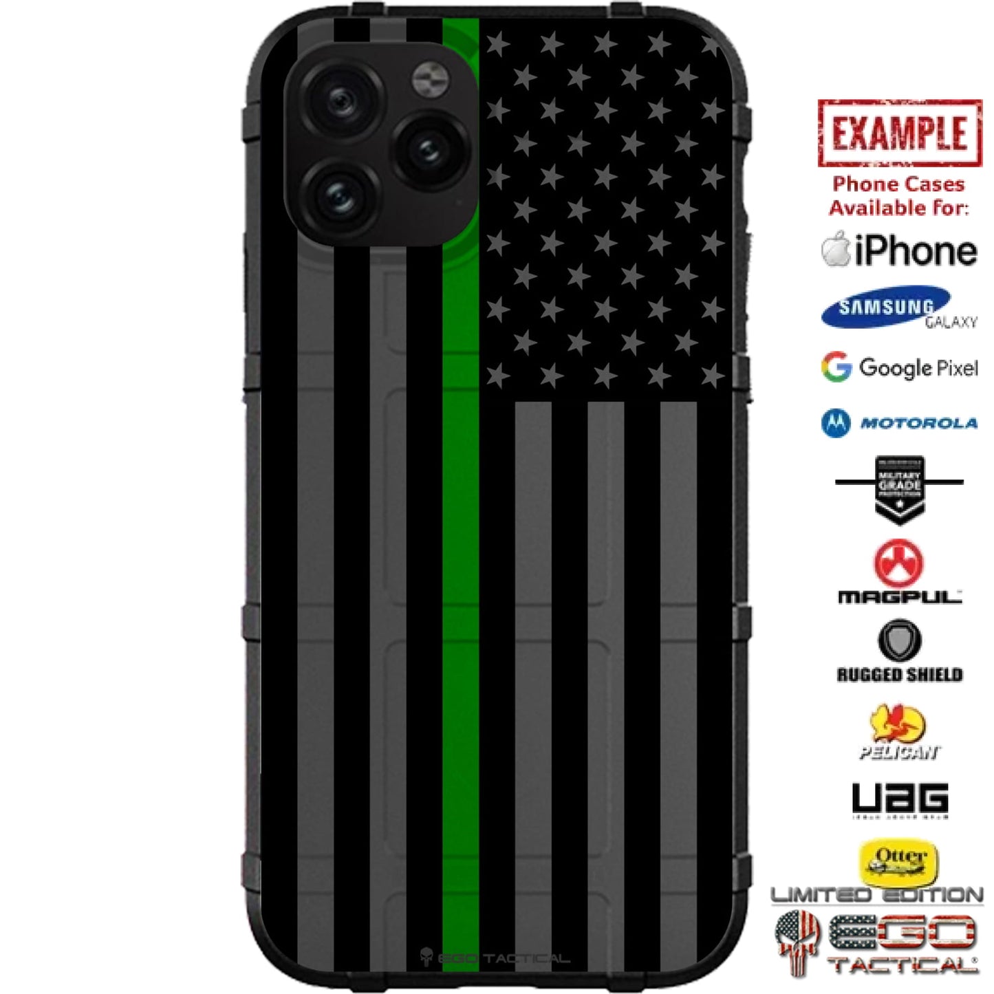 US American Flag Subdued Thin Green Line, Ranger, Game Warden Custom Printed Case Design for Apple, Samsung, Google & Motorola Phone Models