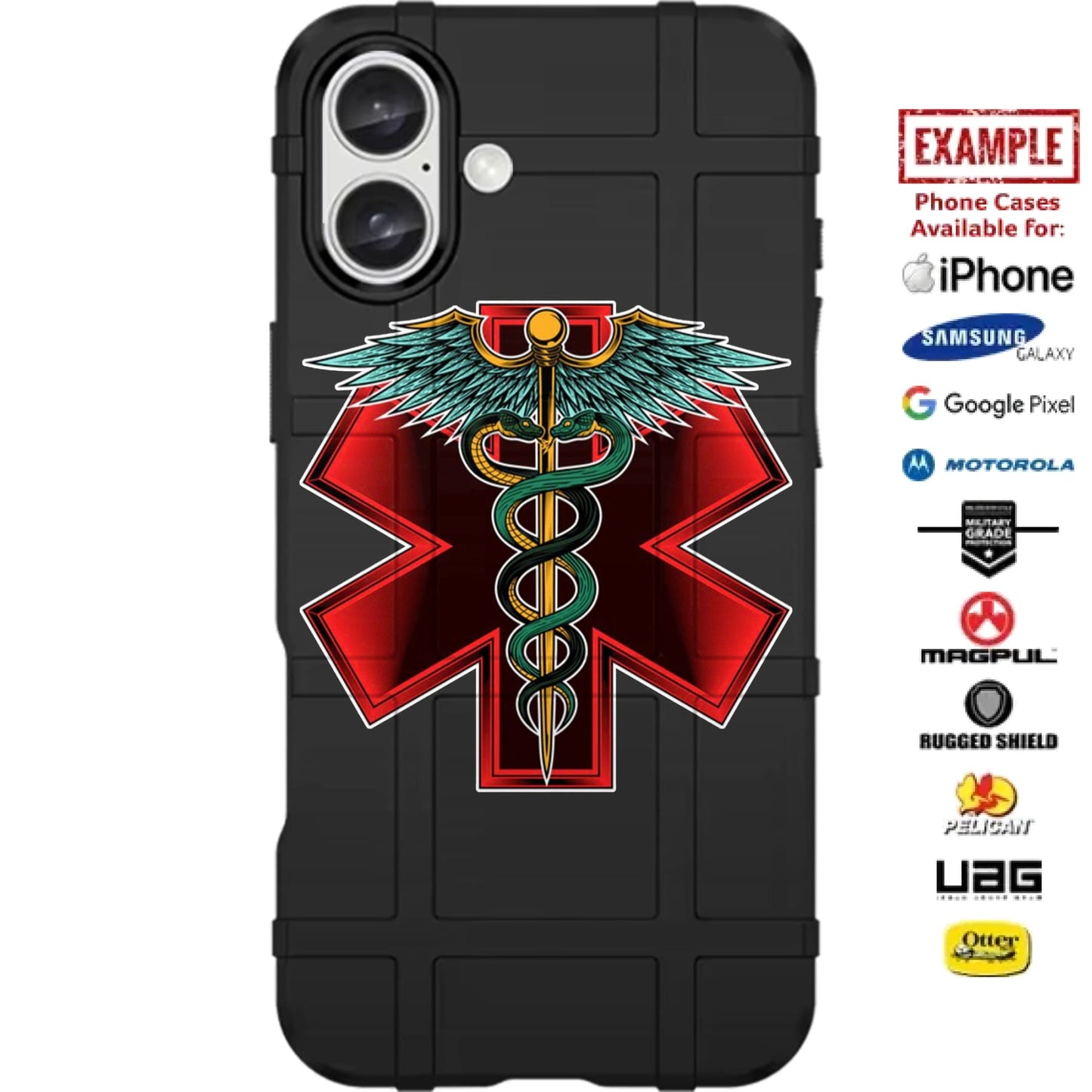 Caduceus, Red Star of Life Custom Printed Case Design for Apple, Samsung, Google & Motorola Phone Models