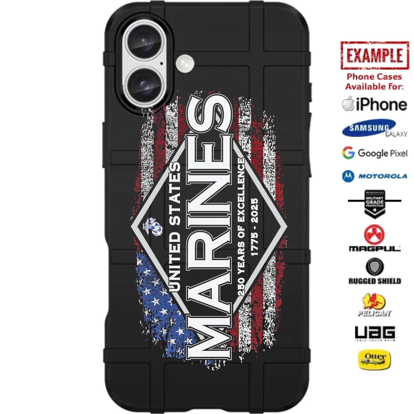 U.S. Marine Corps 250th Birthday Special Edition 2025 US American Flag Custom Printed Case Design for Apple, Samsung, Google & Motorola Phone Models