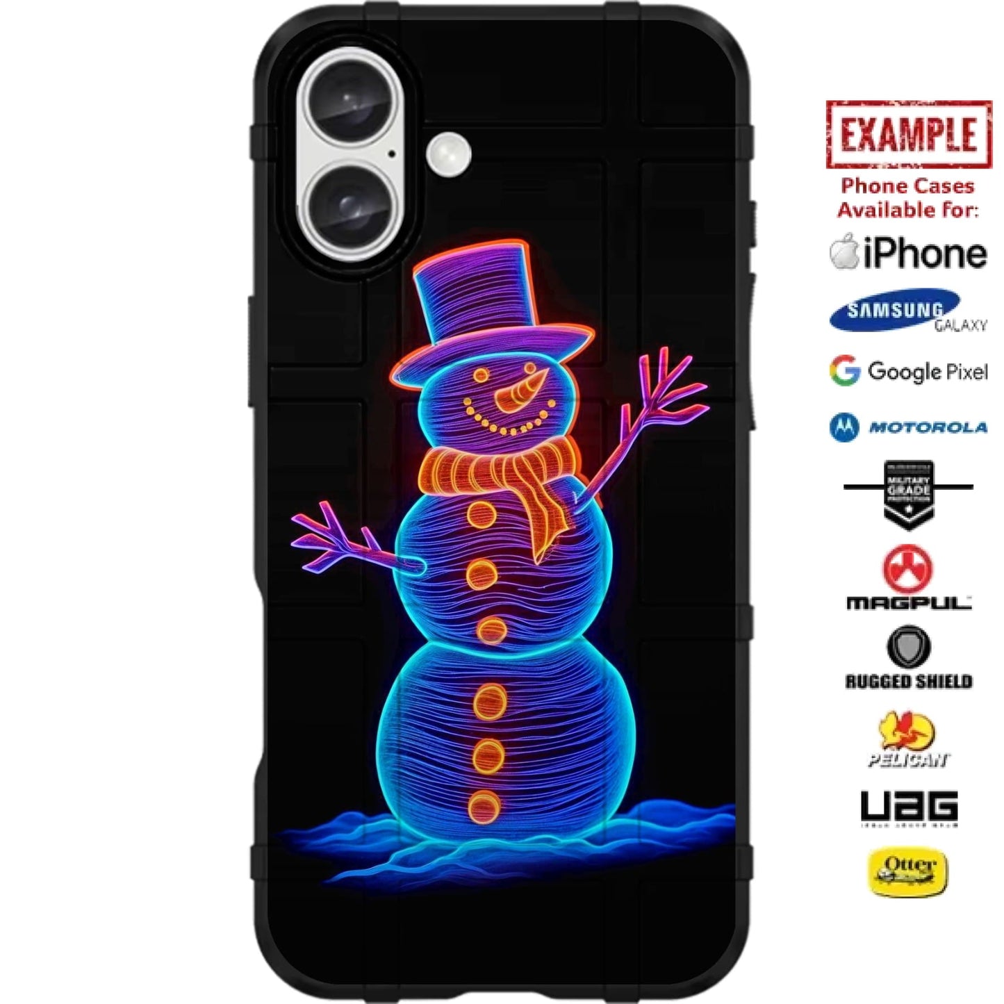 Christmas Neon Snowman Custom Printed Case Design for Apple, Samsung, Google & Motorola Phone Models