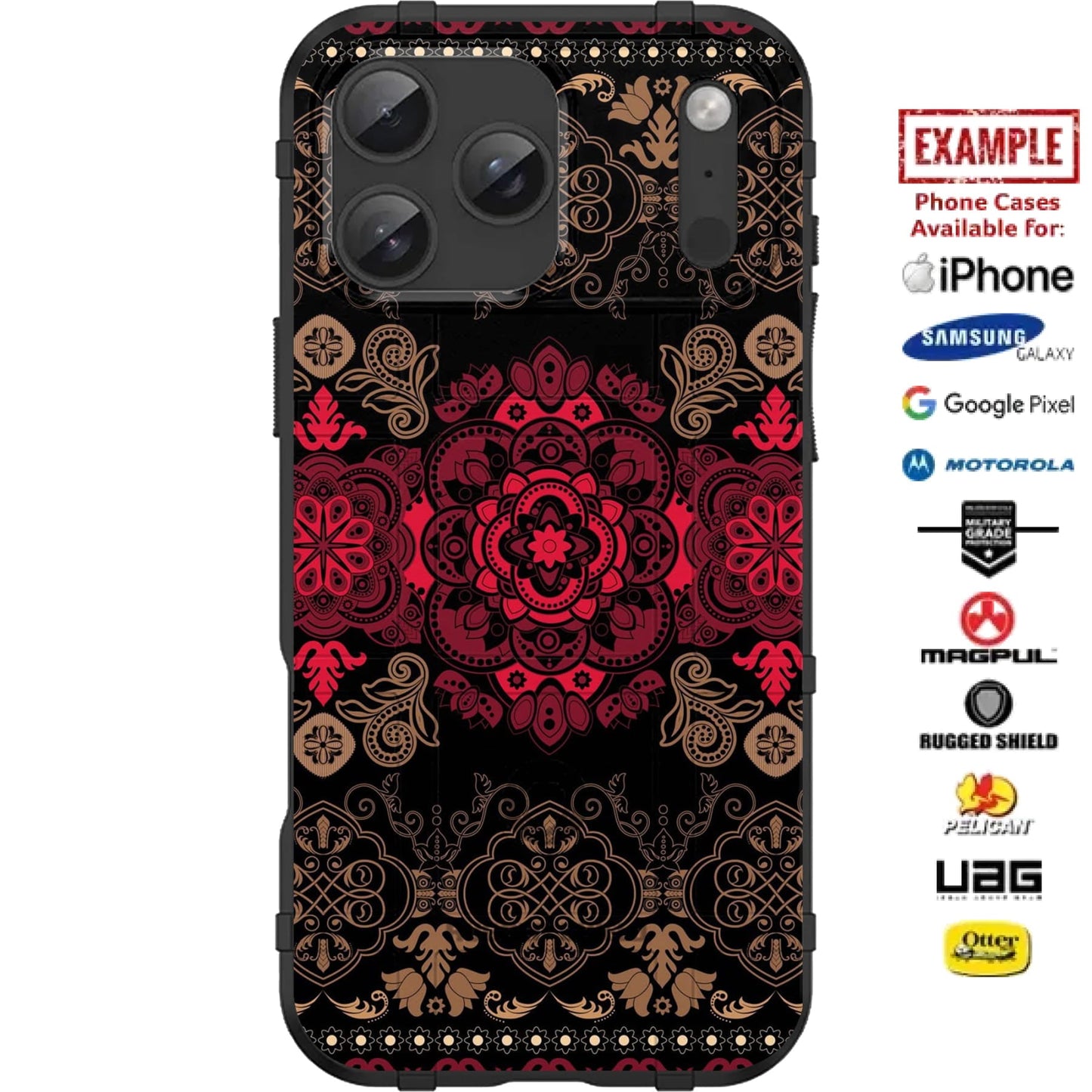 Gold Red Floral Pattern Custom Printed Case Design for Apple, Samsung, Google & Motorola Phone Models