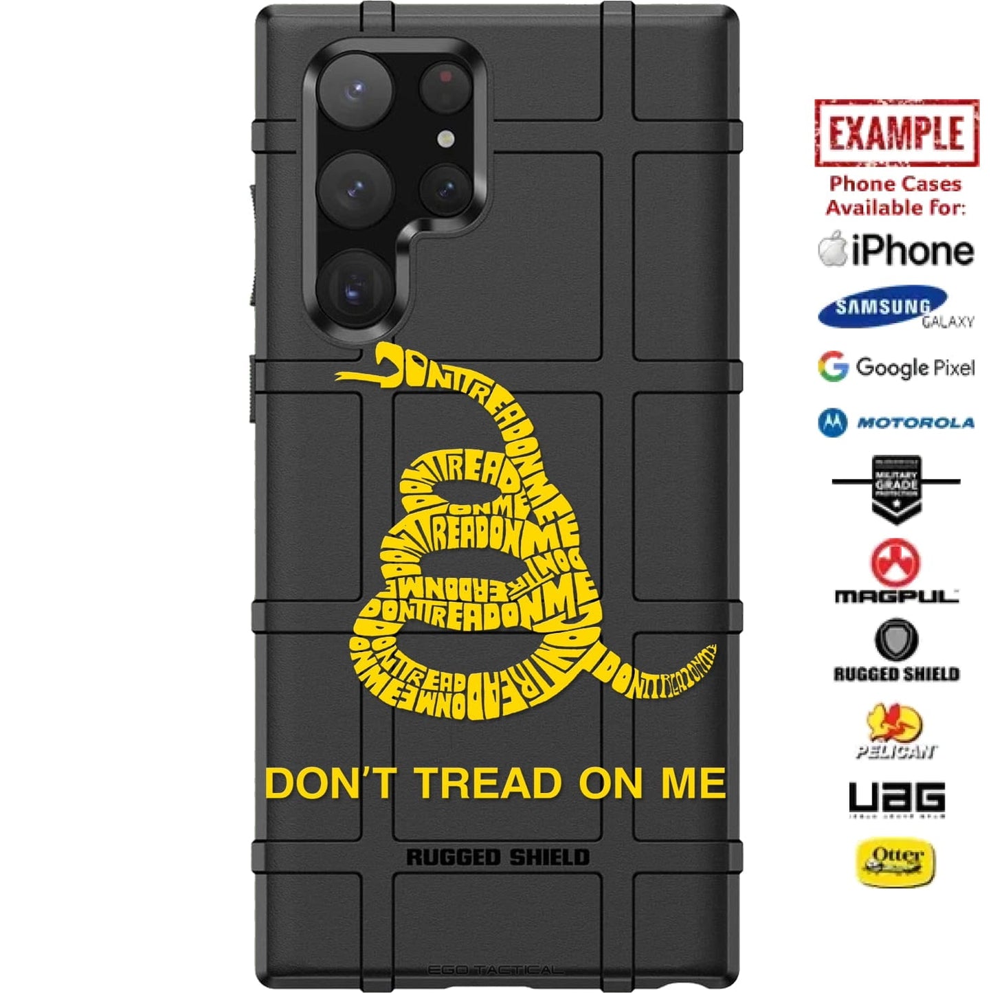 Don't Tread on Me Text in Yellow Snake on Black Custom Printed Case Design for Apple, Samsung, Google & Motorola Phone Models