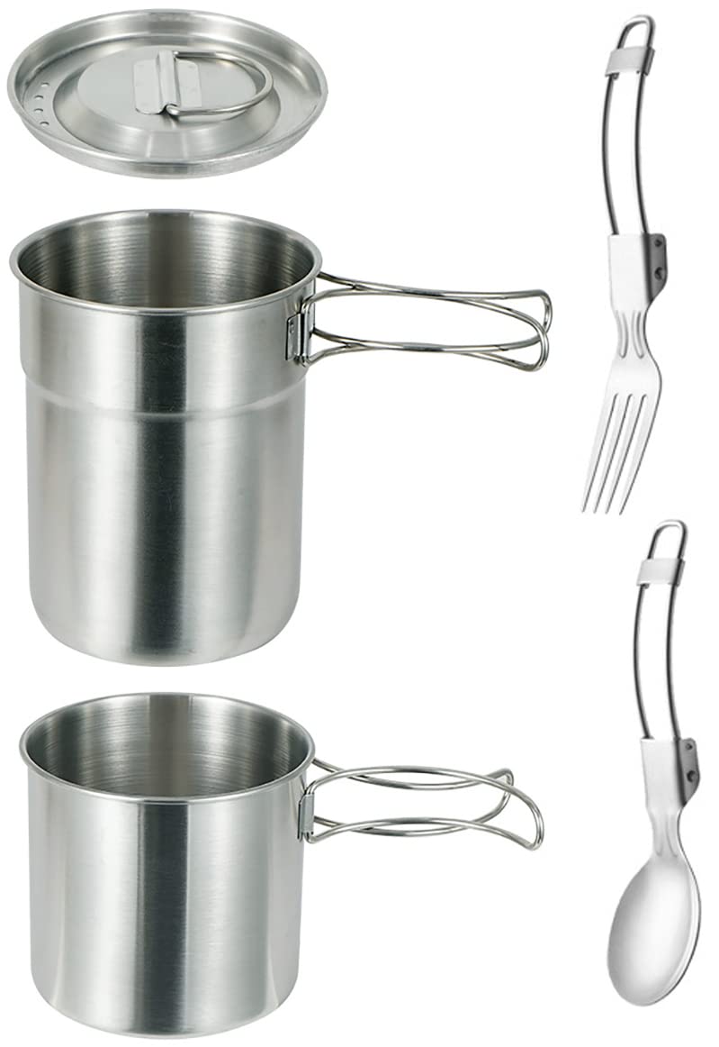 DZRZVD Camping Cups and Mugs Pot 2Pcs-304 Food Grade Stainless Steel-Foldable Handle-Outdoor Cookware Set with Vented Lid & Spoon Fork-33oz Big+24oz Small for Backpacking Picnic Hiking Traveling