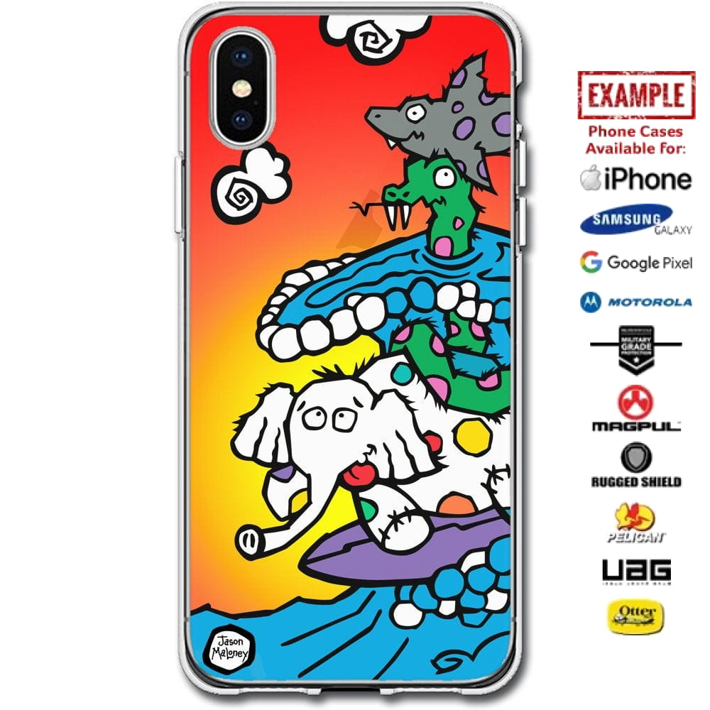 Jason Maloney Art Series: Tippsy The Elephant, Coily & Chum The Shark "Party Wave" Limited Edition Custom UV-Printed Custom Printed Case Design for Apple, Samsung, Google & Motorola Phone Models