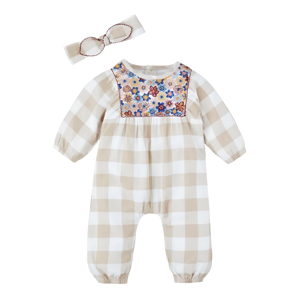 *Mud Pie Baby Neutral Check Embroidered Longall & Headband Set - FINAL SALE