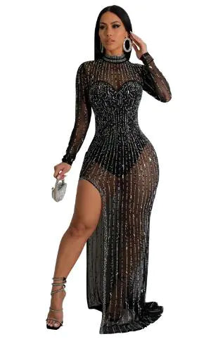 High Neck Long Sleeve Lingerie Dress with Rhinestones