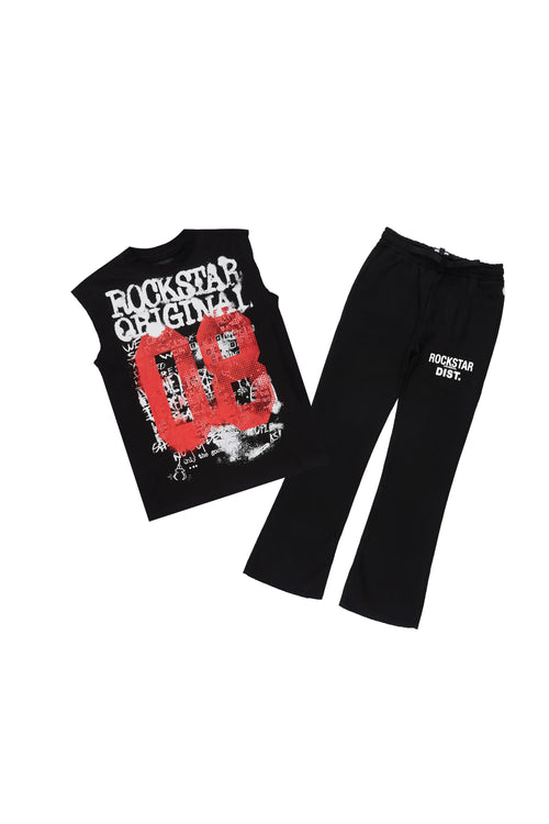 Boys Alrhett Black Cut Off T-Shirt Pant Set