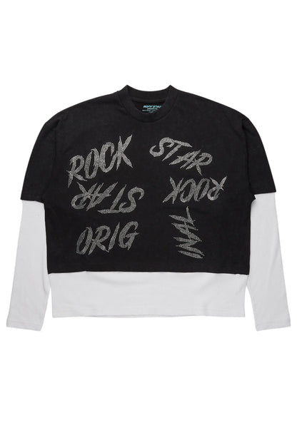 Bence Vintage Black Thermal Double Layer Boxy Crop T-Shirt