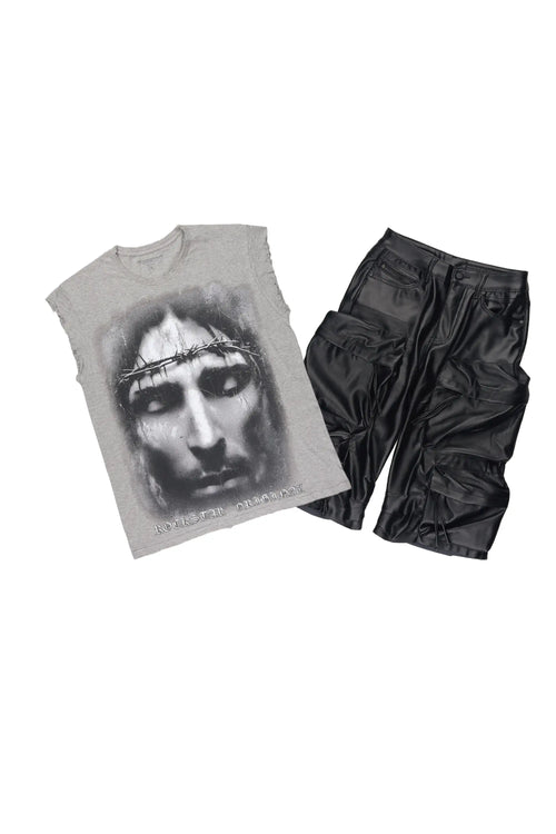 Ace Grey/Black Cut Sleeve Tee & Lenz Pu Leather Short Set