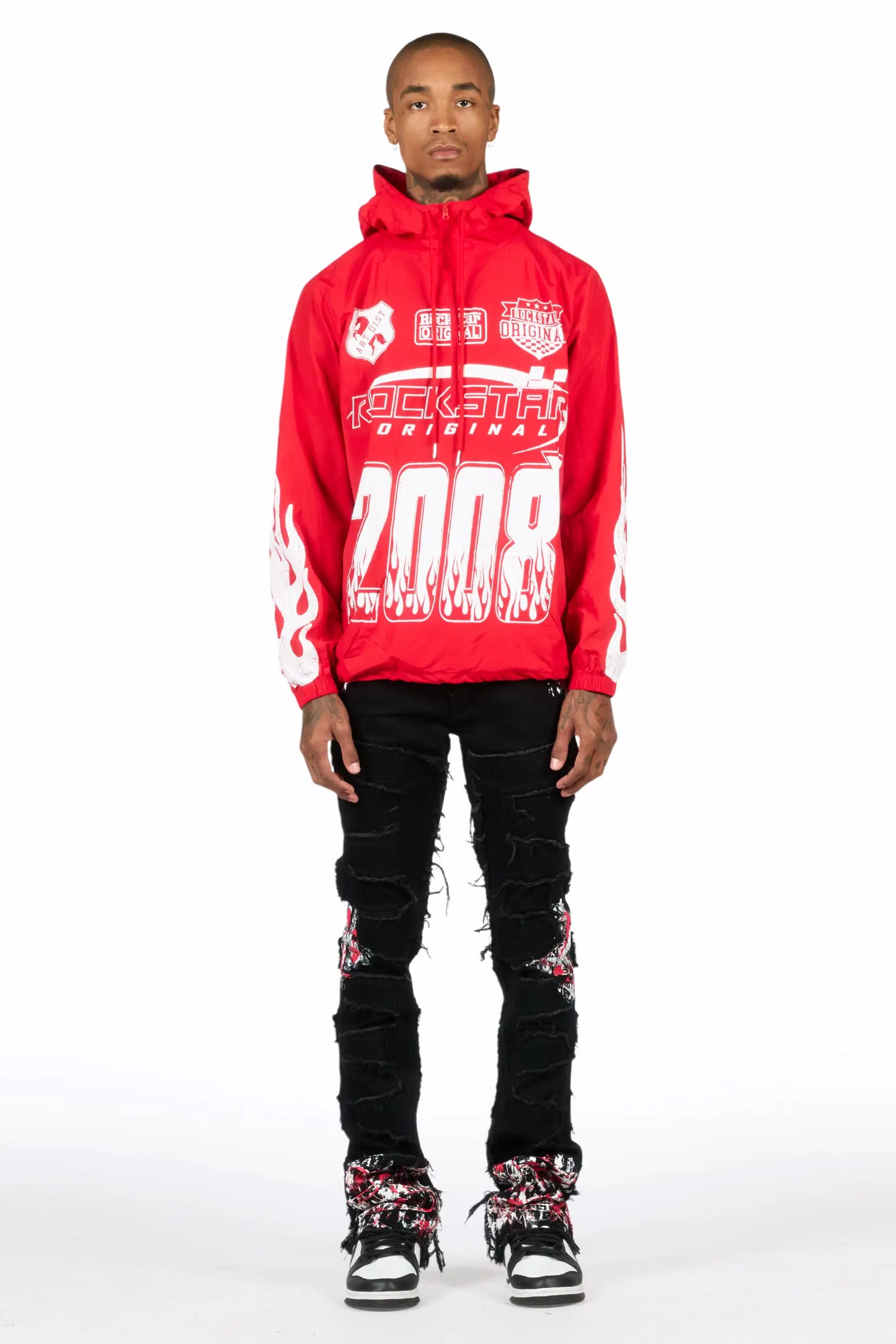 Amos Red/Black Windbreaker/Stacked Flare Jean