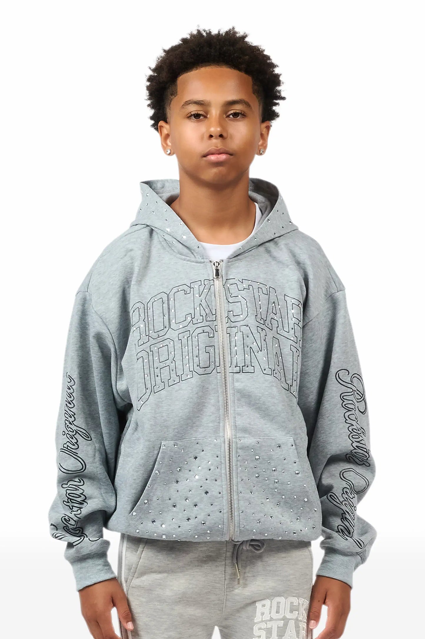Boys Alvino Grey Rhinestone Zip Up Hoodie