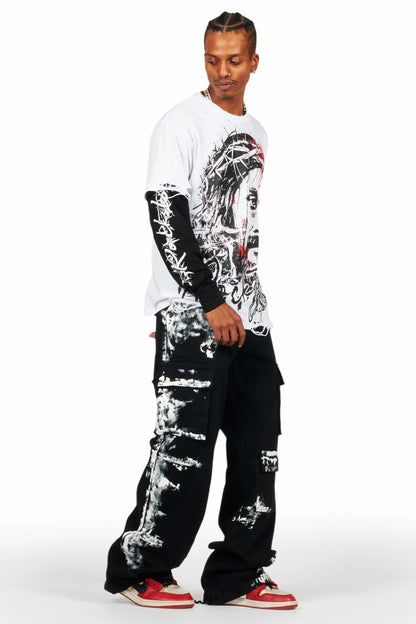 Bedros White Double Layer Long Sleeve Graphic T-Shirt