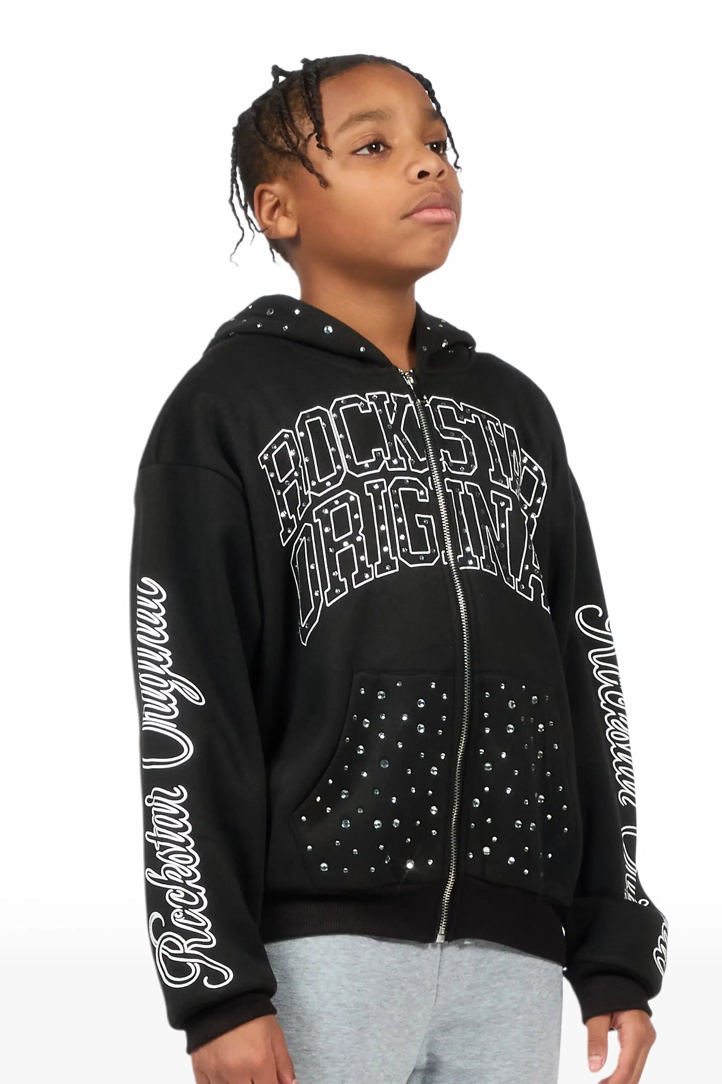 Boys Alvino Black Rhinestone Zip Up Hoodie