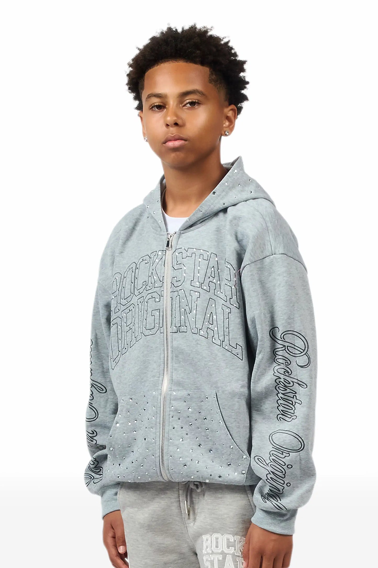 Boys Alvino Grey Rhinestone Zip Up Hoodie