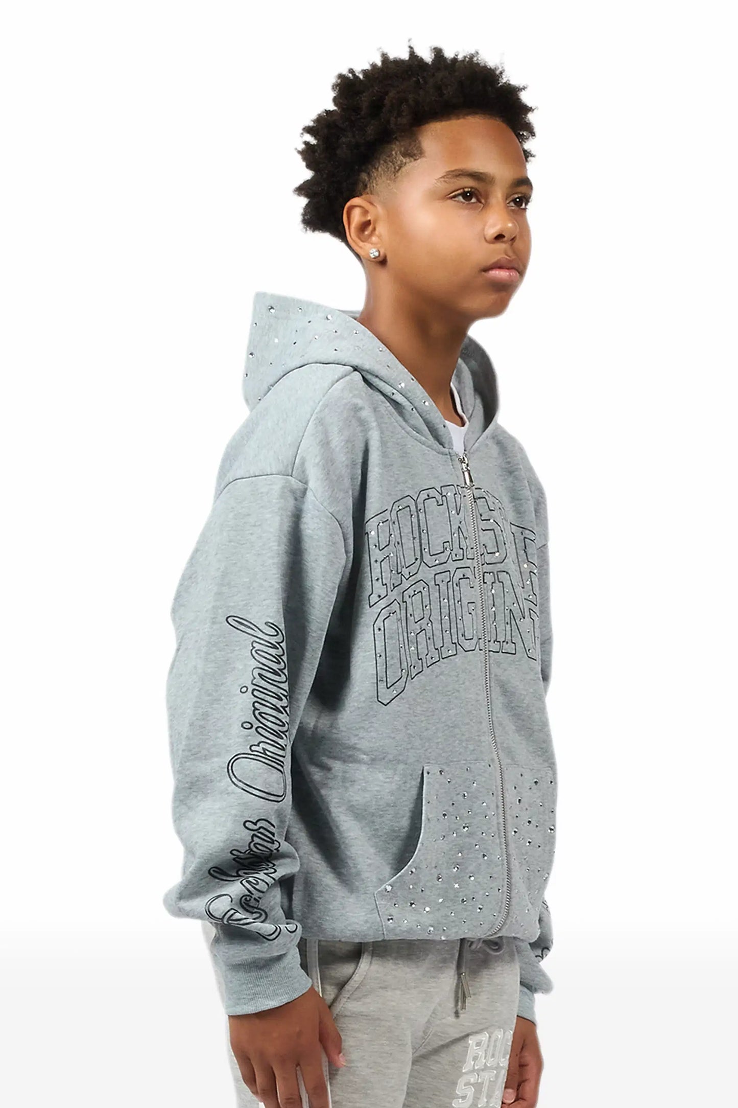 Boys Alvino Grey Rhinestone Zip Up Hoodie