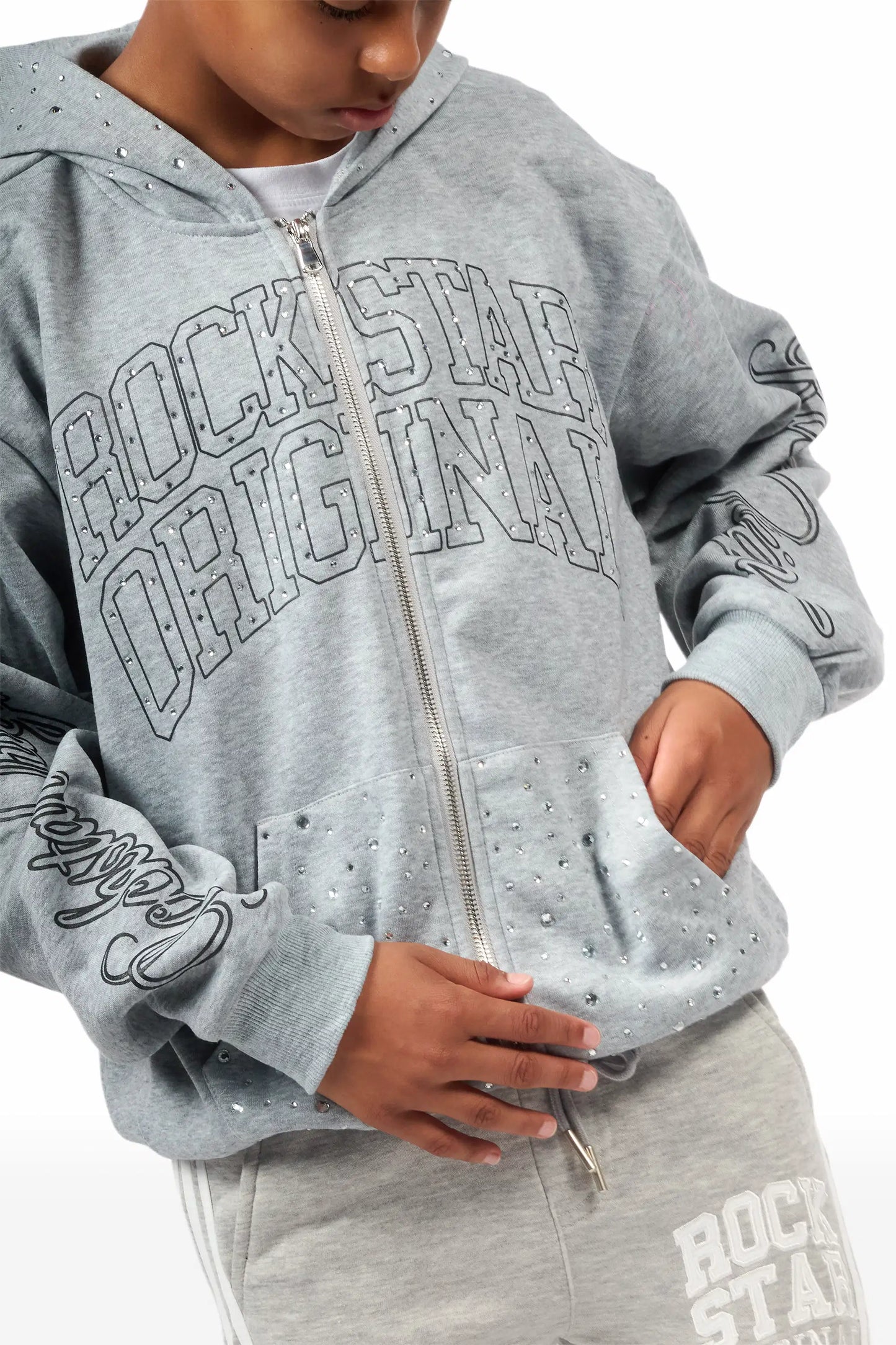 Boys Alvino Grey Rhinestone Zip Up Hoodie