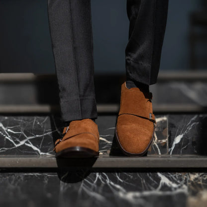 Boston Double Monk Strap Brown Suede Leather Shoes