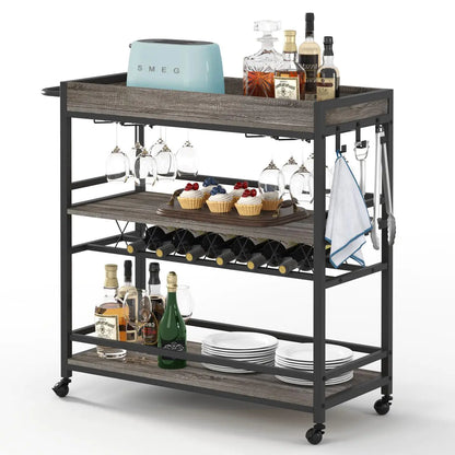 BON AUGURE Bar Cart Home Bar Serving Cart on Wheels Mobile 3 Tier Liquor Beverage Cart with Wine Rack and Glass Holder Grey Oak