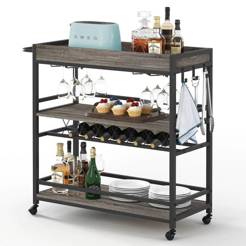 BON AUGURE Bar Cart Home Bar Serving Cart on Wheels Mobile 3 Tier Liquor Beverage Cart with Wine Rack and Glass Holder Grey Oak