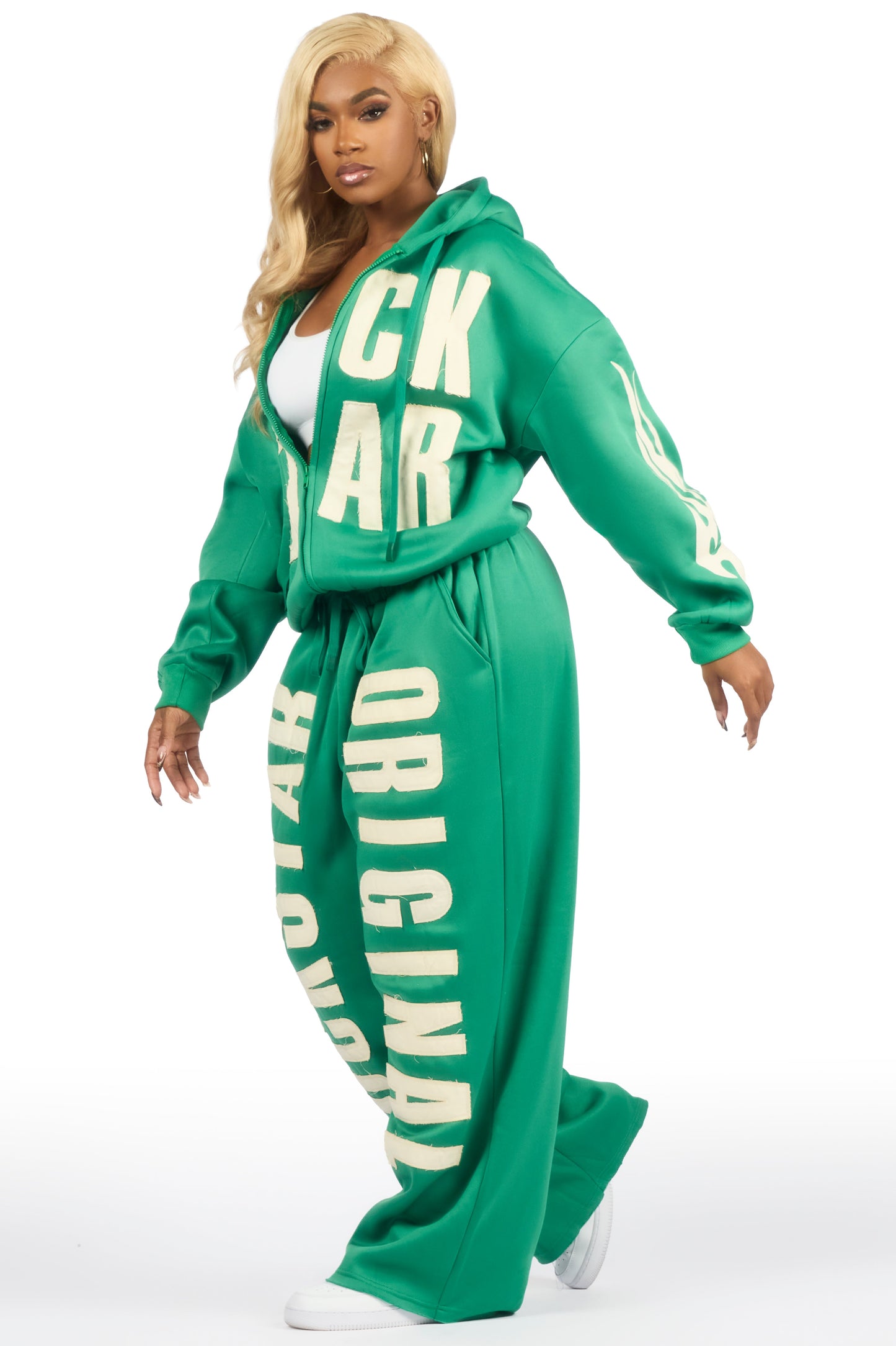 Ashira Green Baggy Fit Zip Up Track Set