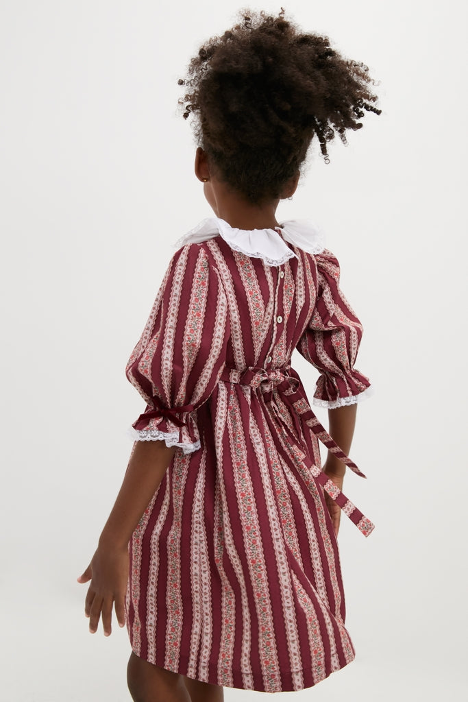 Burgundy Floral Stripe Festa Girl Hand-Smocked Dress