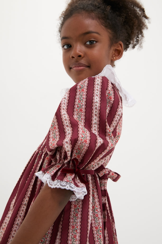 Burgundy Floral Stripe Festa Girl Hand-Smocked Dress