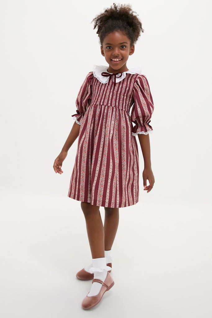 Burgundy Floral Stripe Festa Girl Hand-Smocked Dress