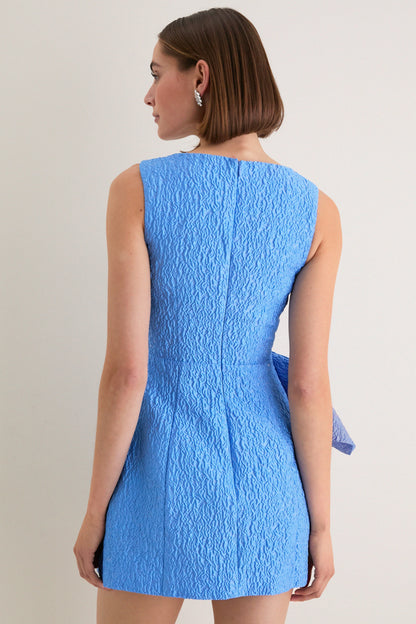 Blue Jacquard Briallen Bow Mini Dress