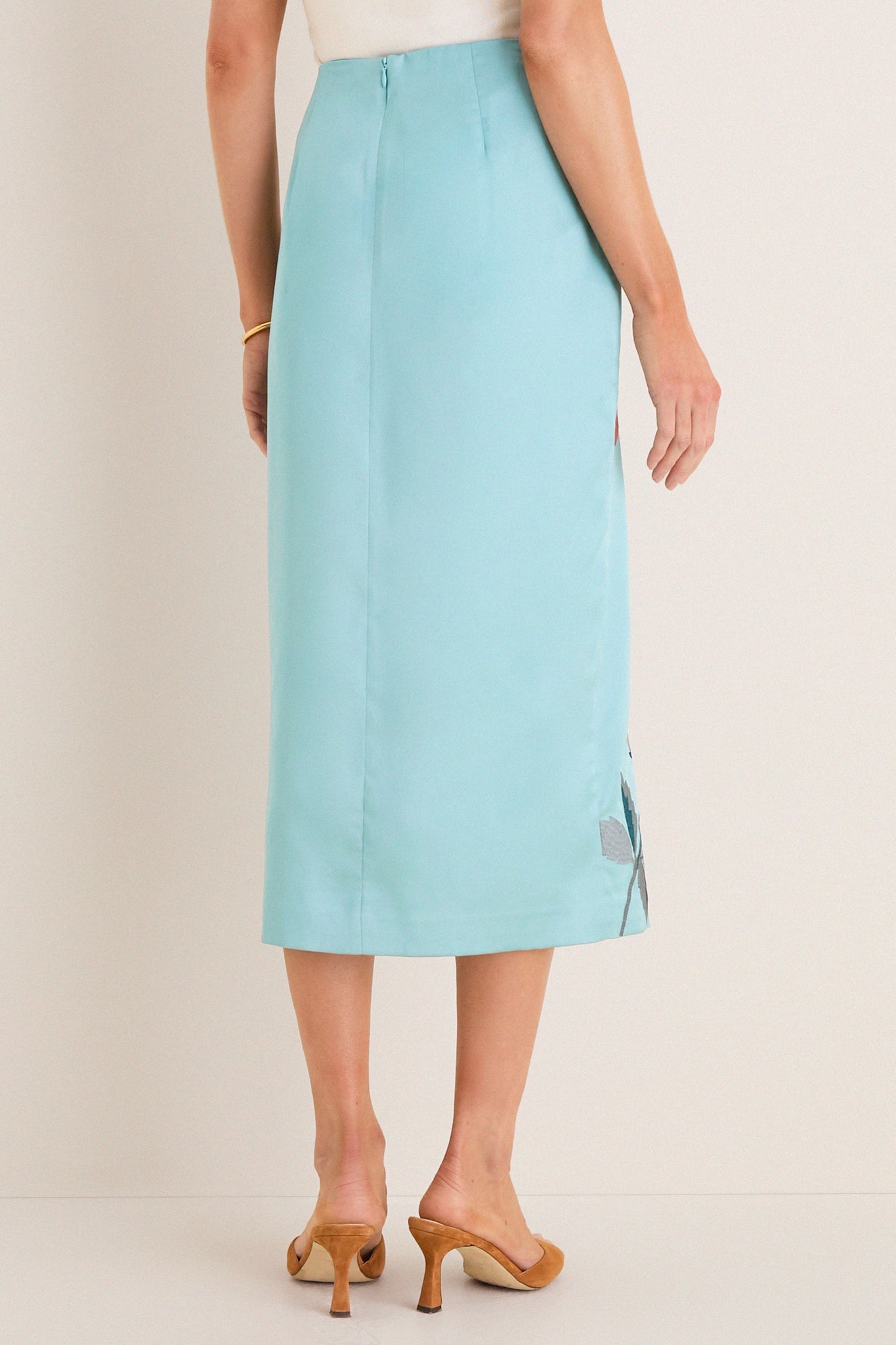 Cameo Blossom Embroidered Duchess Satin Germaine Midi Skirt