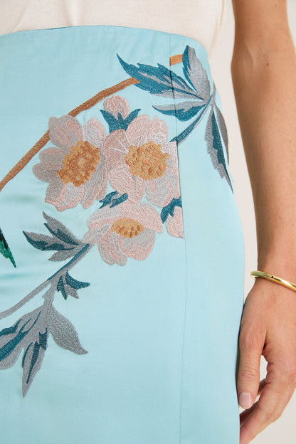Cameo Blossom Embroidered Duchess Satin Germaine Midi Skirt