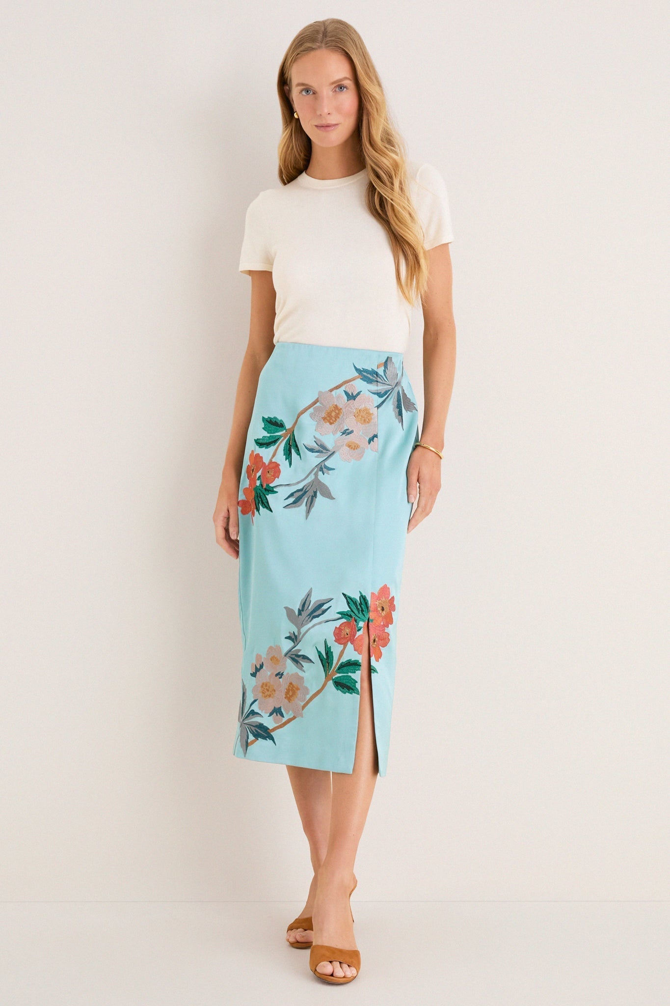 Cameo Blossom Embroidered Duchess Satin Germaine Midi Skirt