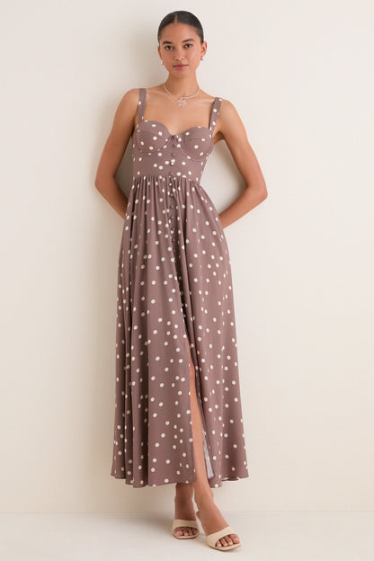 Cardamom and Ecru Polka Dot Rosette Maxi Dress