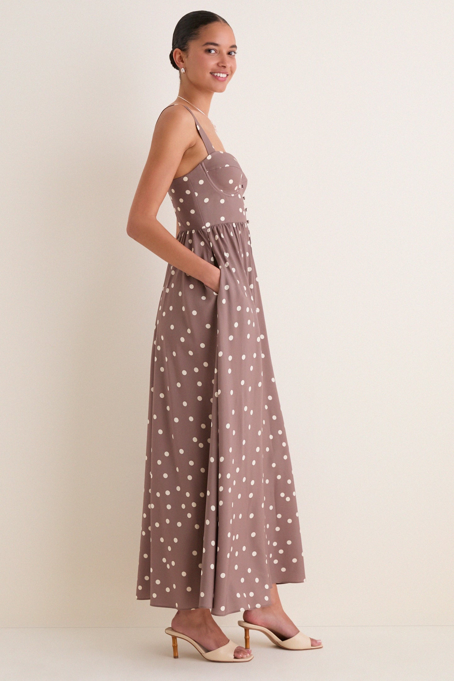 Cardamom and Ecru Polka Dot Rosette Maxi Dress