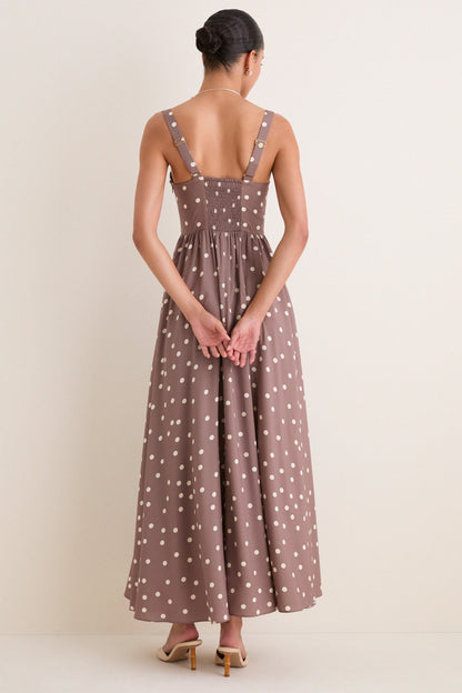 Cardamom and Ecru Polka Dot Rosette Maxi Dress
