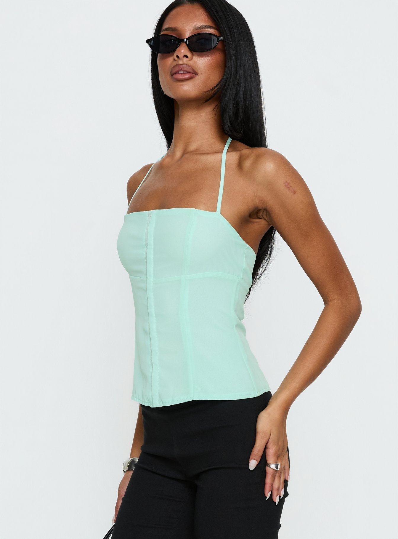 Delamere Tie Neck Top Aqua