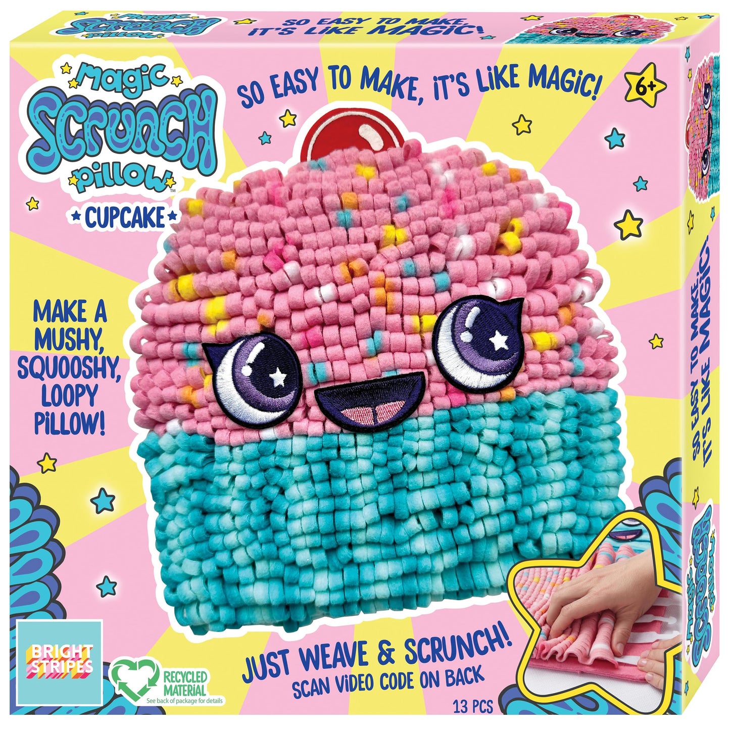Bright Stripes Magic Scrunch Pillow Making Kit - No Sew Pillow Craft Kit for Kids - Make Your Own Pillow Kit - DIY Pillow Kit for Kids (Cupcake)