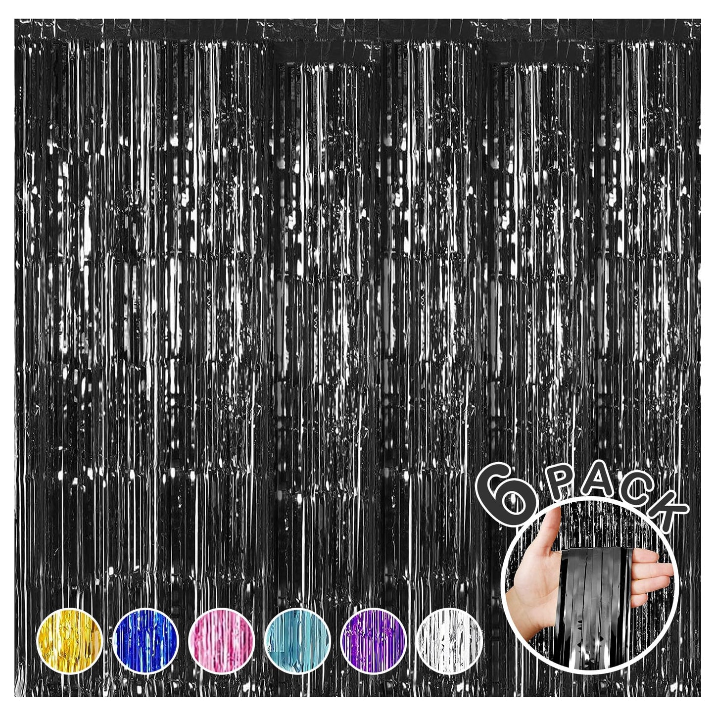 6 Pack Foil Fringe Backdrop Curtains 3.28 x 8.2 ft Black Tinsel Streamers Metallic Tinsel Foil Fringe Curtains Photo Booth Backdrop for Birthday Wedding Graduation Halloween Party Decorations