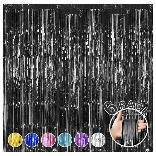 6 Pack Foil Fringe Backdrop Curtains 3.28 x 8.2 ft Black Tinsel Streamers Metallic Tinsel Foil Fringe Curtains Photo Booth Backdrop for Birthday Wedding Graduation Halloween Party Decorations