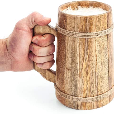 Frescorr Wooden Beer Mugs 100% Authentic and HANDWADE Top Grade Natural Handmade Retro Brown Wood mug with Handle for Drinking Tea Coffee Wine Beer Hot cold Drinks 17-18oz (Light Wood)