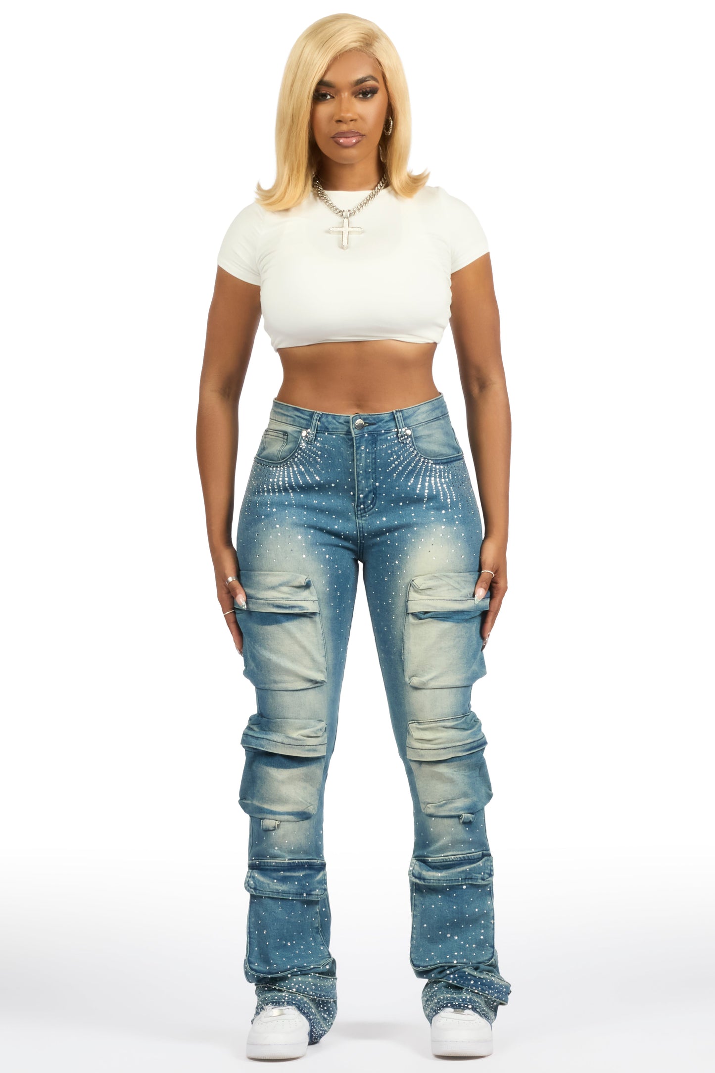 Ashela Med. Wash Rhinestone Stacked Jean