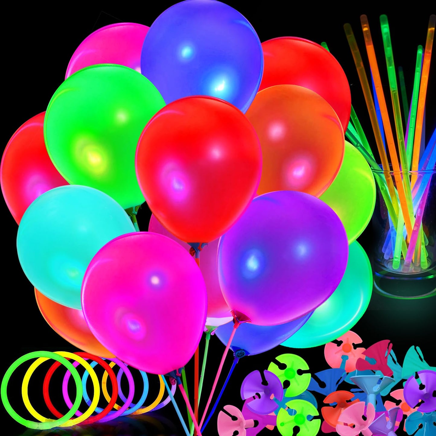 50 PCS UV Neon Balloons & 50 PCS Glow Sticks & 50 PCS Balloon Stick Holders for Glow in the Dark Birthday Decoration Wedding Glow Party Supplies Black Light Reactive Fluorescent Balloons (150)