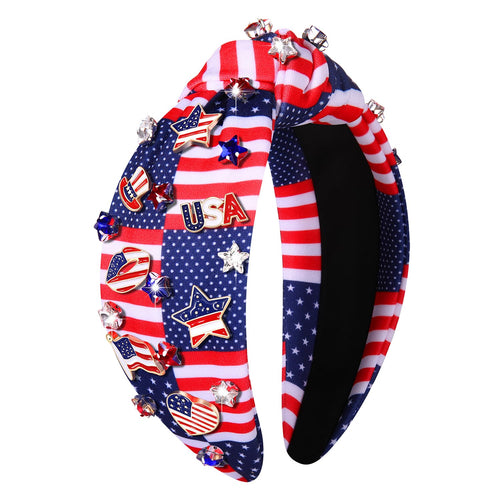 CEALXHENY 4th of July Headbands for Women 4th of July Accessories American Flag Patriotic Headbands Rhinestone Pearl Knotted Headbands Beads Embellished Jeweled Headbands Holiday Gifts (US Flag D)