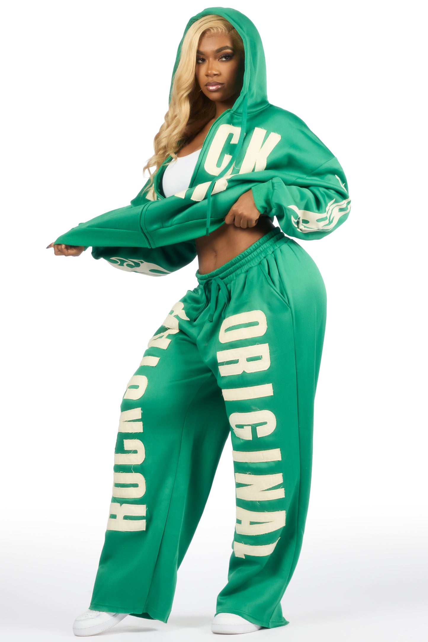 Ashira Green Baggy Fit Zip Up Track Set